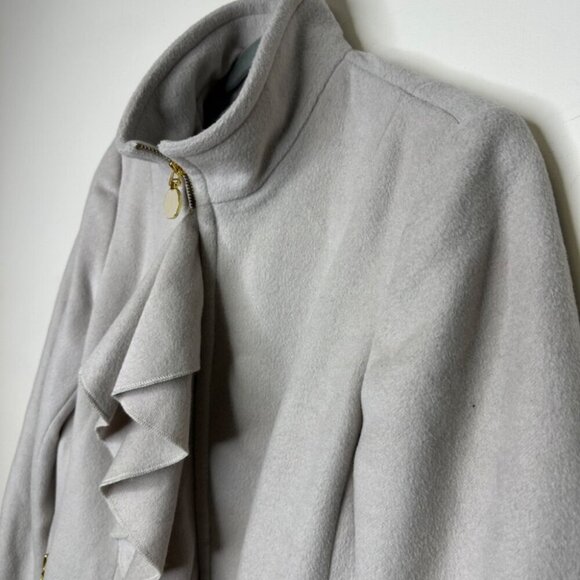 T TAHARI Light Gray Wool Blend Victorian Ruffle Front Mock Neck Pea Coat Size 12 - Picture 8 of 16